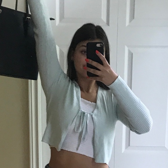 Light teal tie long sleeve sweater - Picture 3 of 3